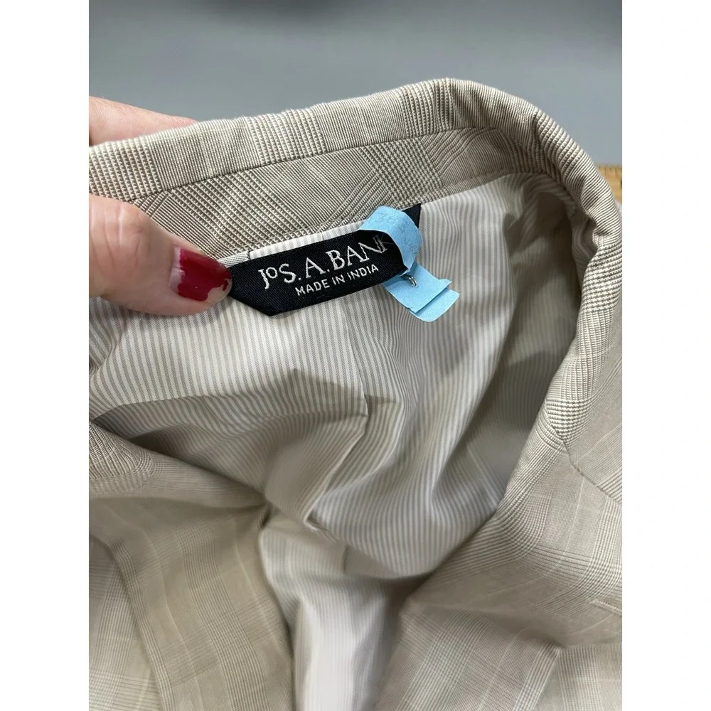 Jos A Bank Men Suit 42 Beige Plaid‎ Wedding Wool Blend Blazer 2 pc Pants 34x28